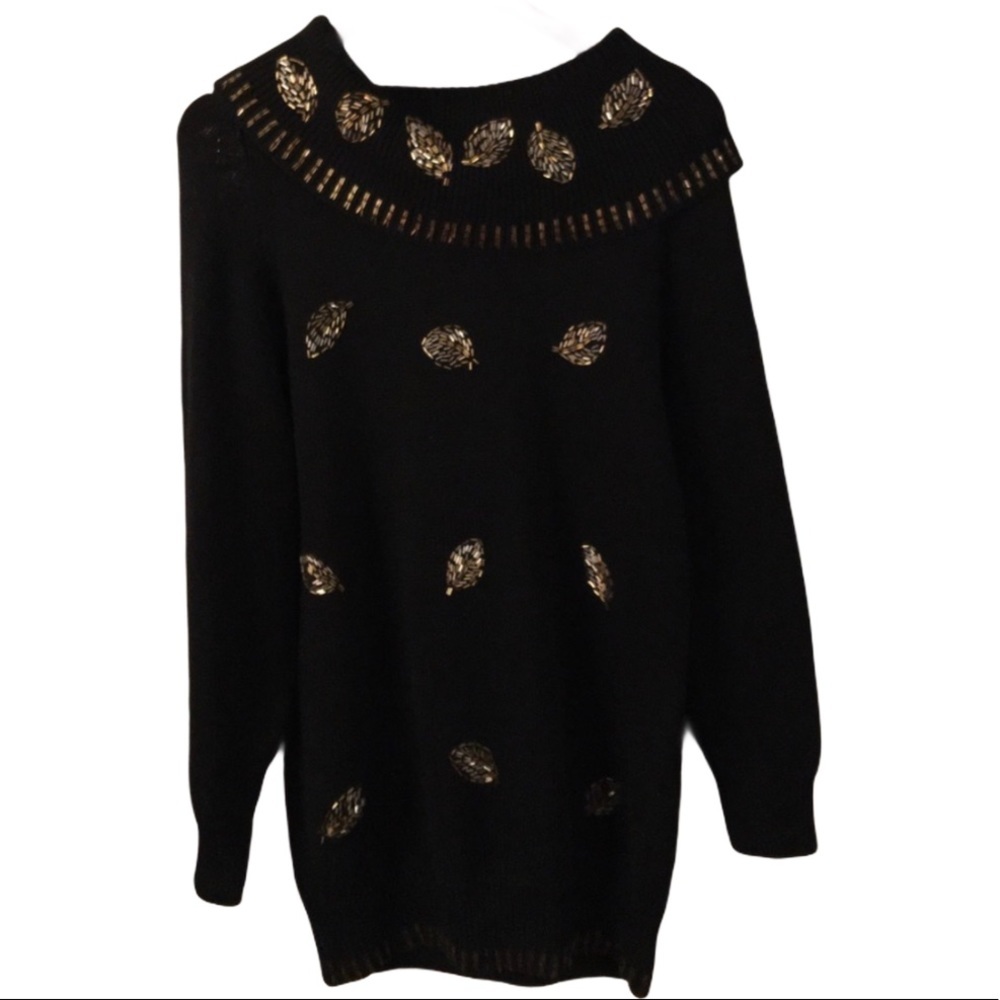 Cowl Sweater Vtg 80s Long Tunic Knit Top Gold Bead P. A. International